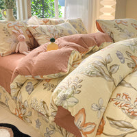 HKM-513683 Cotton Four-Piece Bedding Set with Plant and Flower Patterns, Available in Multiple Sizes