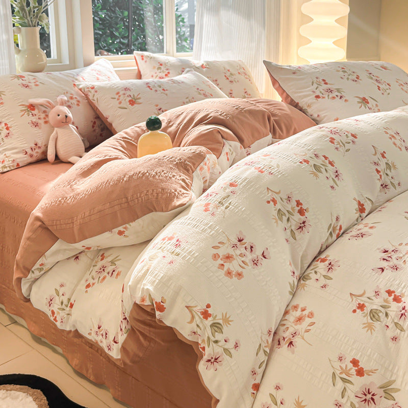 KTX-513683 Cotton Four-Piece Bedding Set with Plant and Flower Patterns, Available in Multiple Sizes