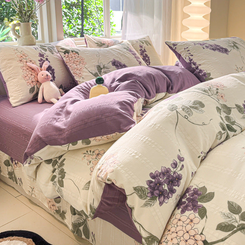 KTX-513683 Cotton Four-Piece Bedding Set with Plant and Flower Patterns, Available in Multiple Sizes