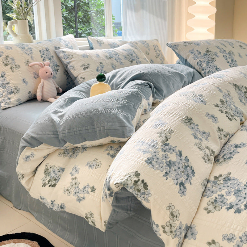 KTX-513683 Cotton Four-Piece Bedding Set with Plant and Flower Patterns, Available in Multiple Sizes