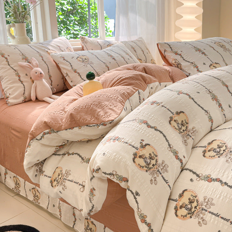KTX-513683 Cotton Four-Piece Bedding Set with Plant and Flower Patterns, Available in Multiple Sizes