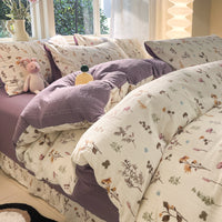 HKM-513683 Cotton Four-Piece Bedding Set with Plant and Flower Patterns, Available in Multiple Sizes