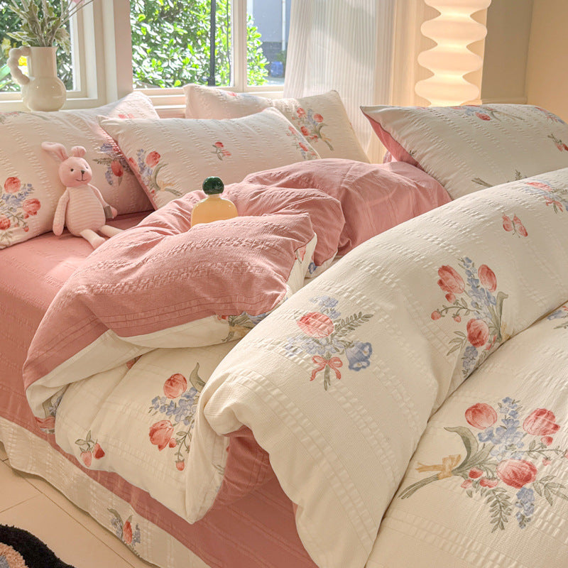 KTX-513683 Cotton Four-Piece Bedding Set with Plant and Flower Patterns, Available in Multiple Sizes