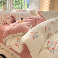 HKM-513683 Cotton Four-Piece Bedding Set with Plant and Flower Patterns, Available in Multiple Sizes