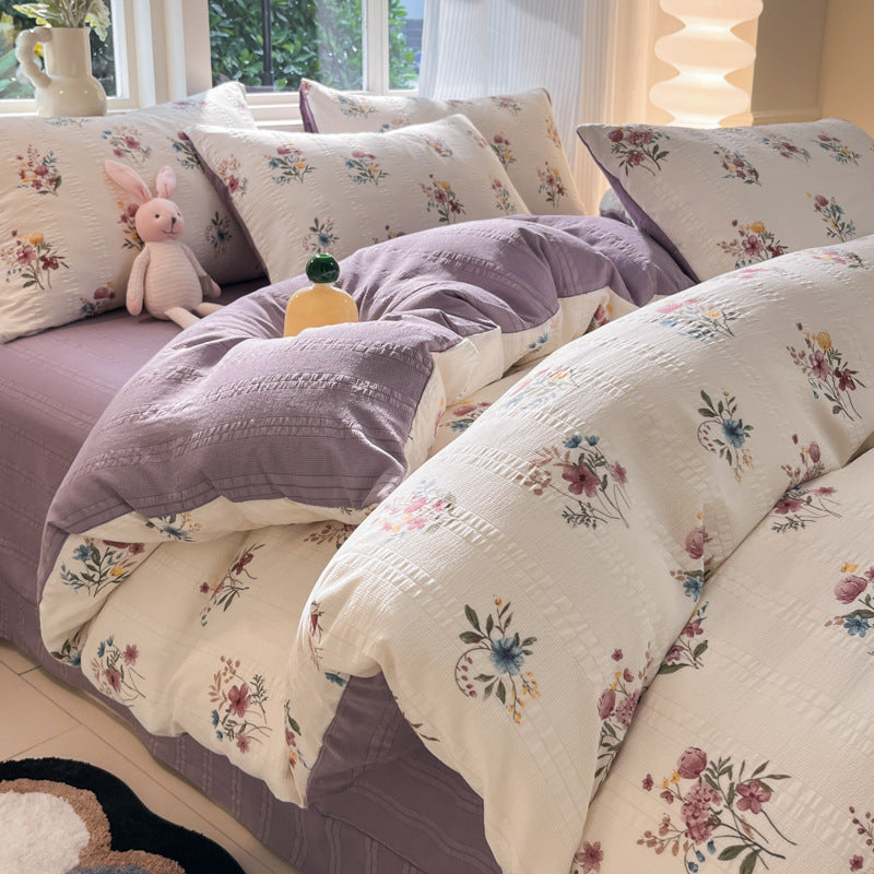 KTX-513683 Cotton Four-Piece Bedding Set with Plant and Flower Patterns, Available in Multiple Sizes