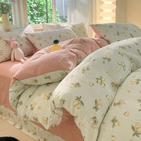 HKM-513683 Cotton Four-Piece Bedding Set with Plant and Flower Patterns, Available in Multiple Sizes