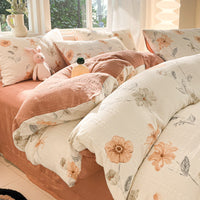 HKM-513683 Cotton Four-Piece Bedding Set with Plant and Flower Patterns, Available in Multiple Sizes