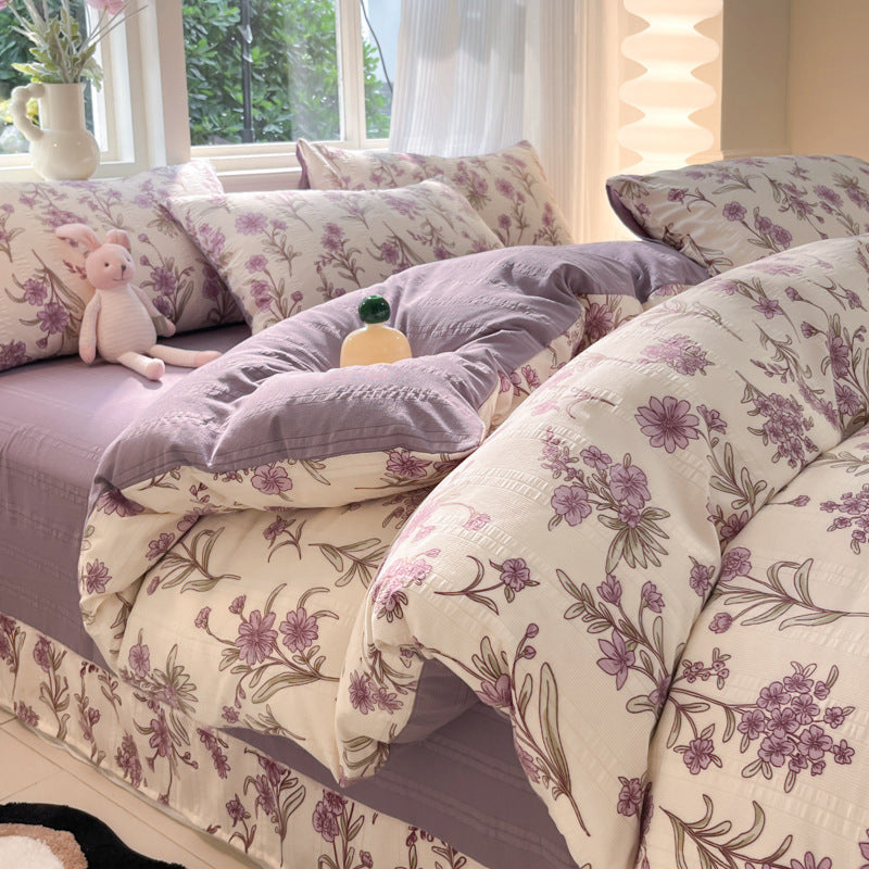 KTX-513683 Cotton Four-Piece Bedding Set with Plant and Flower Patterns, Available in Multiple Sizes