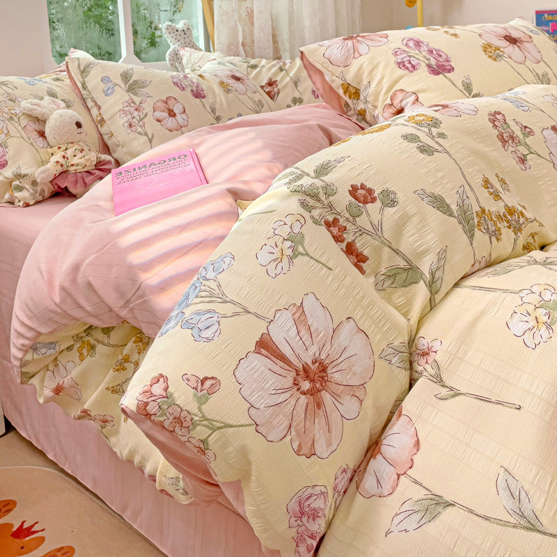 KTX-513683 Cotton Four-Piece Bedding Set with Plant and Flower Patterns, Available in Multiple Sizes