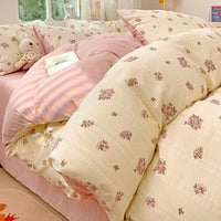 HKM-513683 Cotton Four-Piece Bedding Set with Plant and Flower Patterns, Available in Multiple Sizes