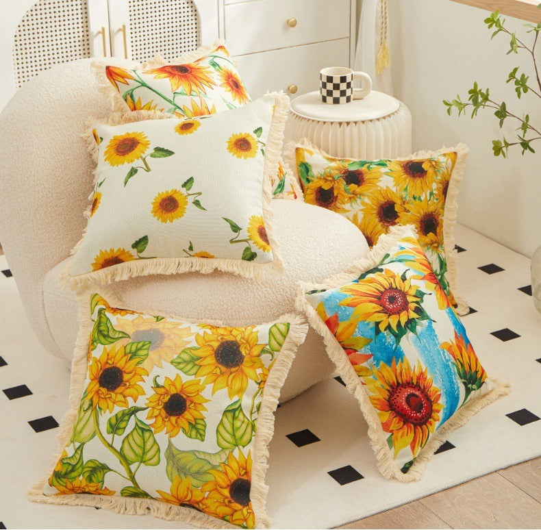 HKM-514323 Tassel Sunflower Linen Pillowcase for Home Decor - 45x45cm Soft Upholstery Cushion