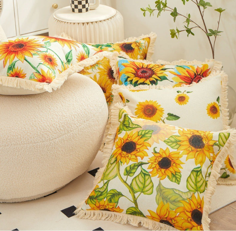 HKM-514323 Tassel Sunflower Linen Pillowcase for Home Decor - 45x45cm Soft Upholstery Cushion