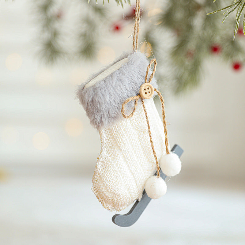 HKM-514643 White Plush Fabric Christmas Tree Ornament with Sled and Knitted Gloves