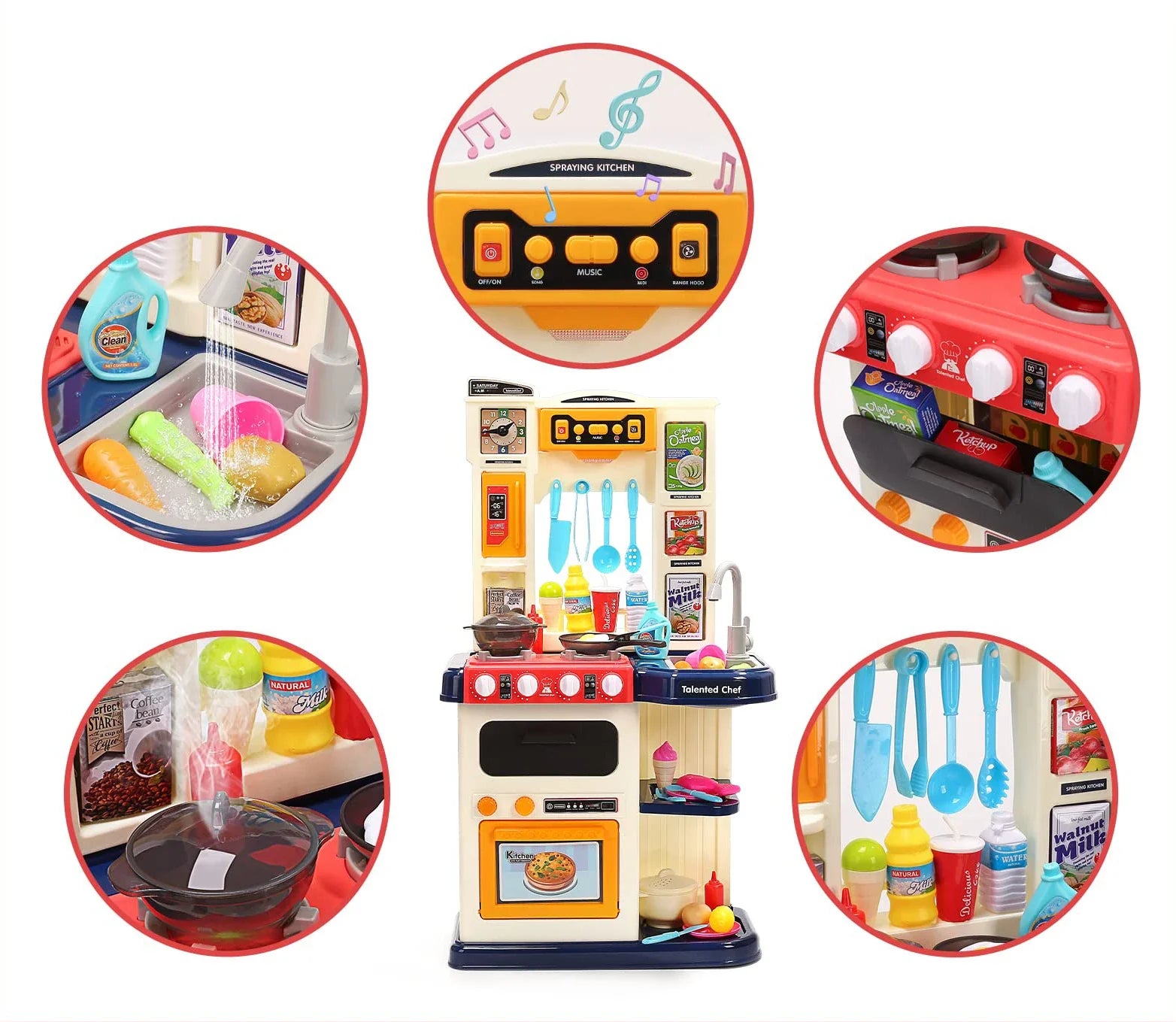 KTX-514707 Kids Kitchen Playset with Plastic Spraying Mist Sink - 65Pcs Pretend Play Food Toys for Ages 2 to 13 Years