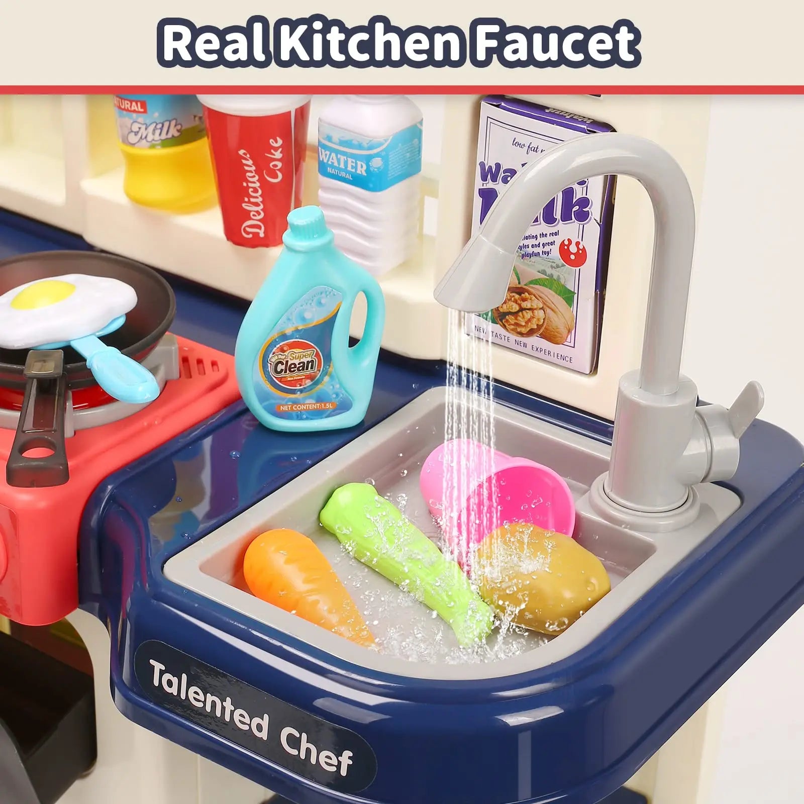 KTX-514707 Kids Kitchen Playset with Plastic Spraying Mist Sink - 65Pcs Pretend Play Food Toys for Ages 2 to 13 Years