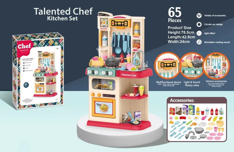 KTX-514707 Kids Kitchen Playset with Plastic Spraying Mist Sink - 65Pcs Pretend Play Food Toys for Ages 2 to 13 Years