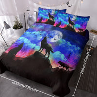 HKM-515347 Colorful Microfiber Kids Duvet Cover Set - Moon Wolf Design, 3 Piece Bedding Set