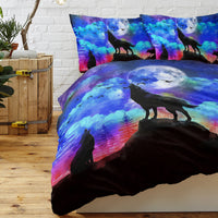 HKM-515347 Colorful Microfiber Kids Duvet Cover Set - Moon Wolf Design, 3 Piece Bedding Set