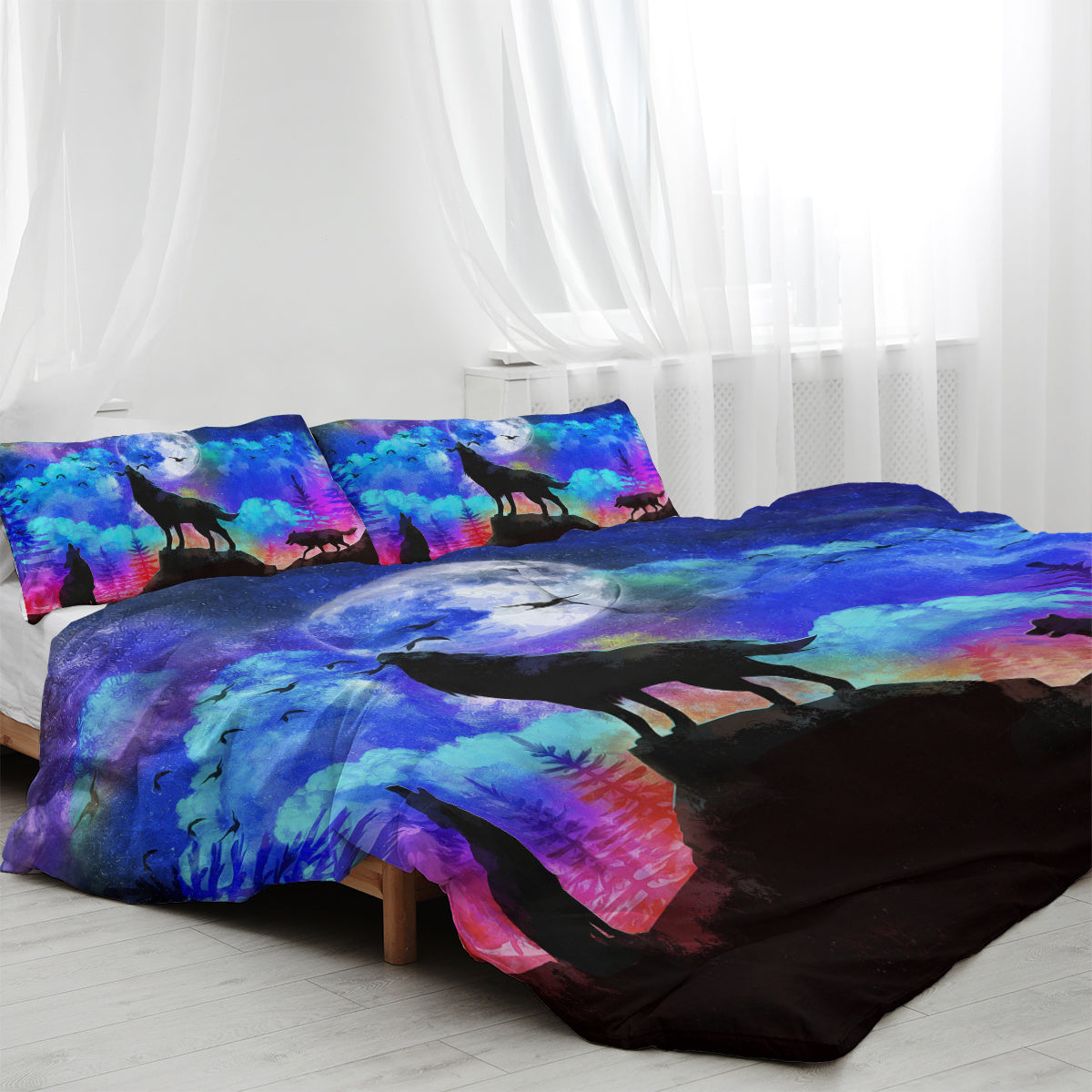 HKM-515347 Colorful Microfiber Kids Duvet Cover Set - Moon Wolf Design, 3 Piece Bedding Set