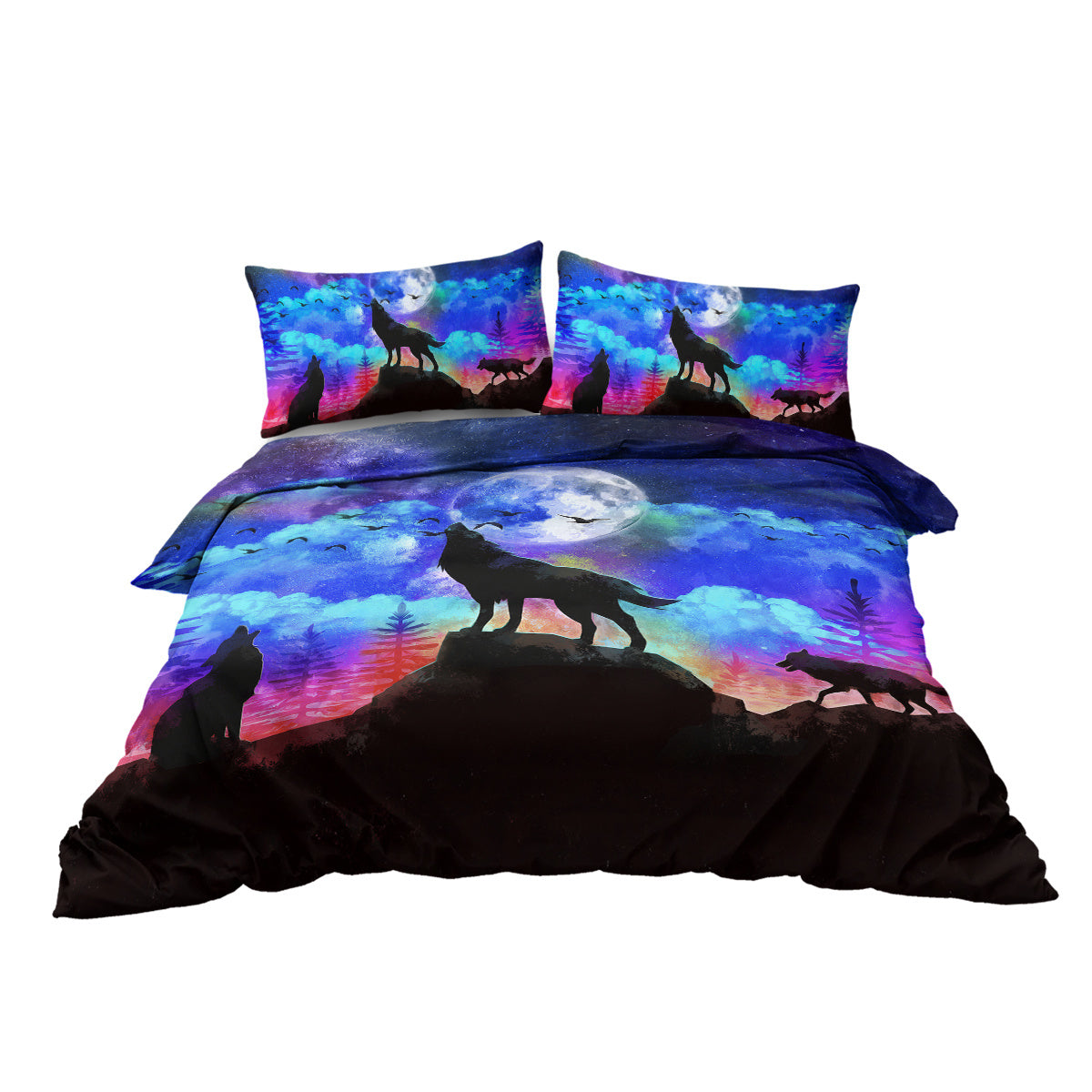 HKM-515347 Colorful Microfiber Kids Duvet Cover Set - Moon Wolf Design, 3 Piece Bedding Set