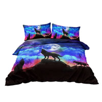 HKM-515347 Colorful Microfiber Kids Duvet Cover Set - Moon Wolf Design, 3 Piece Bedding Set