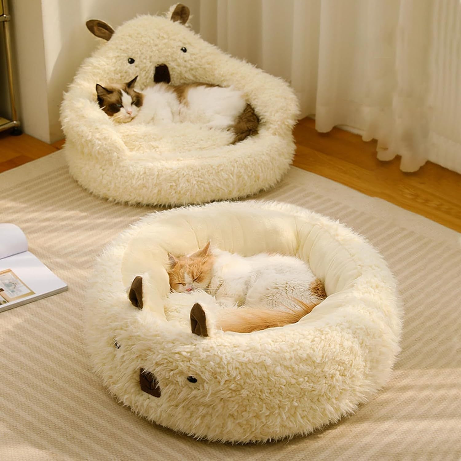 HKM-515859 Alpaca Pet Bed for Dogs and Cats - Calming Design with Detachable Plush Pads and Anti-Slip Bottom