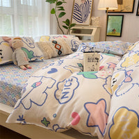 HKM-516179 Whimsical Cartoon Anime Washed Cotton Bed Sheet Quilt Cover Set - Four-Piece with Pillowcases