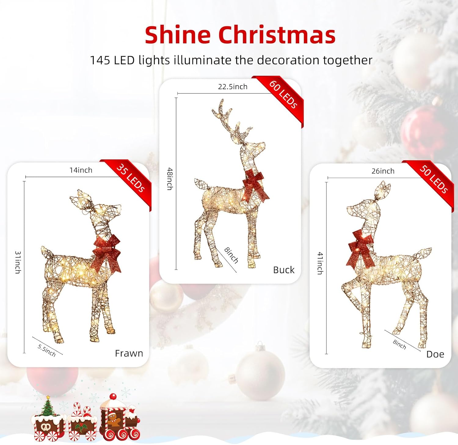 HKM-516371 Lighted 4ft Rattan Reindeer Family Set - 3-Piece Christmas Outdoor Decorations with 145 Warm White LEDs