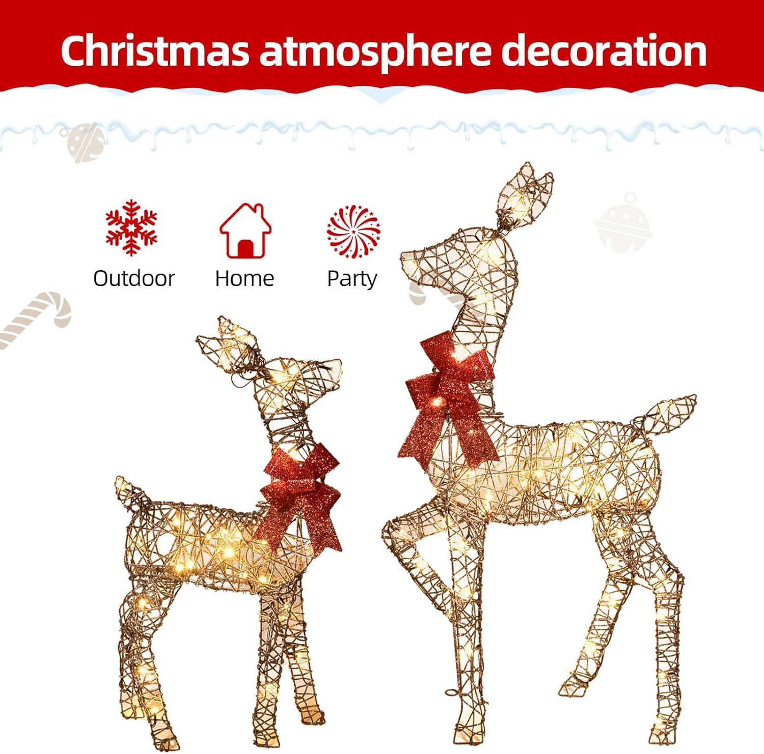 HKM-516371 Lighted 4ft Rattan Reindeer Family Set - 3-Piece Christmas Outdoor Decorations with 145 Warm White LEDs