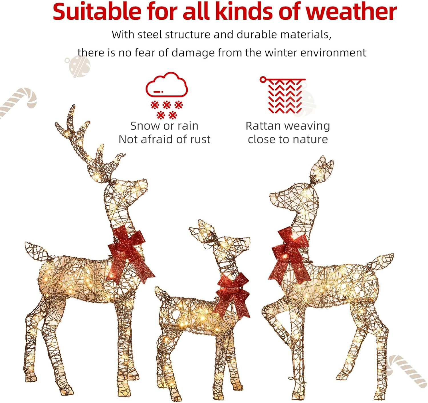 HKM-516371 Lighted 4ft Rattan Reindeer Family Set - 3-Piece Christmas Outdoor Decorations with 145 Warm White LEDs