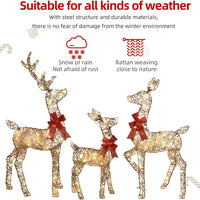 HKM-516371 Lighted 4ft Rattan Reindeer Family Set - 3-Piece Christmas Outdoor Decorations with 145 Warm White LEDs
