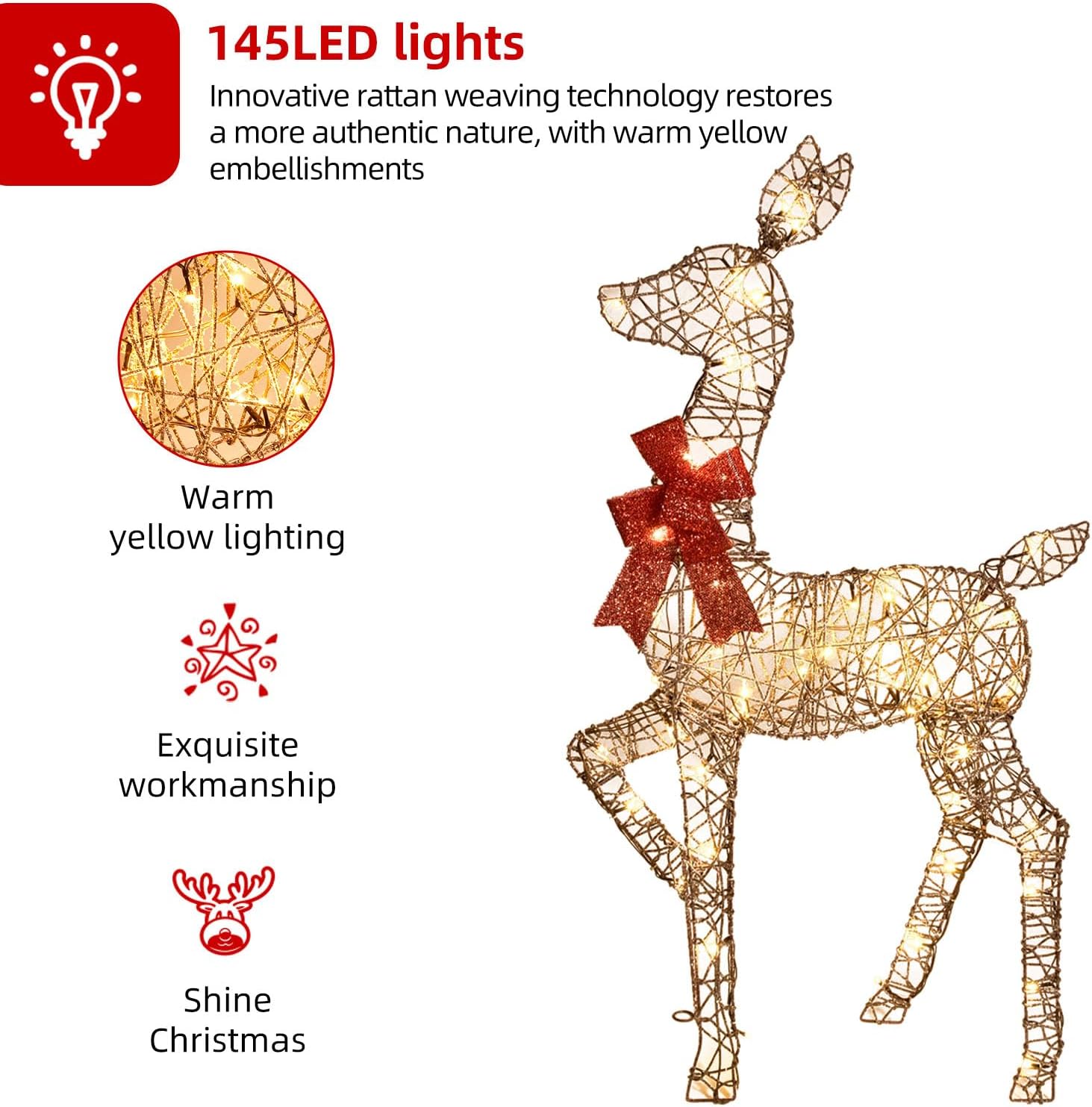 HKM-516371 Lighted 4ft Rattan Reindeer Family Set - 3-Piece Christmas Outdoor Decorations with 145 Warm White LEDs