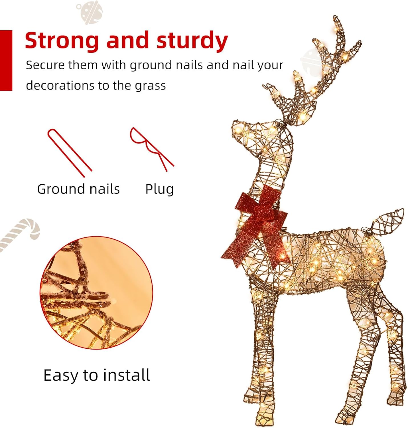 HKM-516371 Lighted 4ft Rattan Reindeer Family Set - 3-Piece Christmas Outdoor Decorations with 145 Warm White LEDs