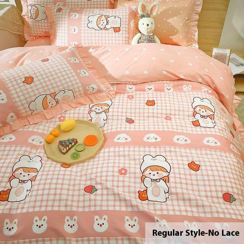 HKM-516499 Countryside Floral Design Four-Piece Girl's Heart Duvet Set with Quilt and Pillowcase