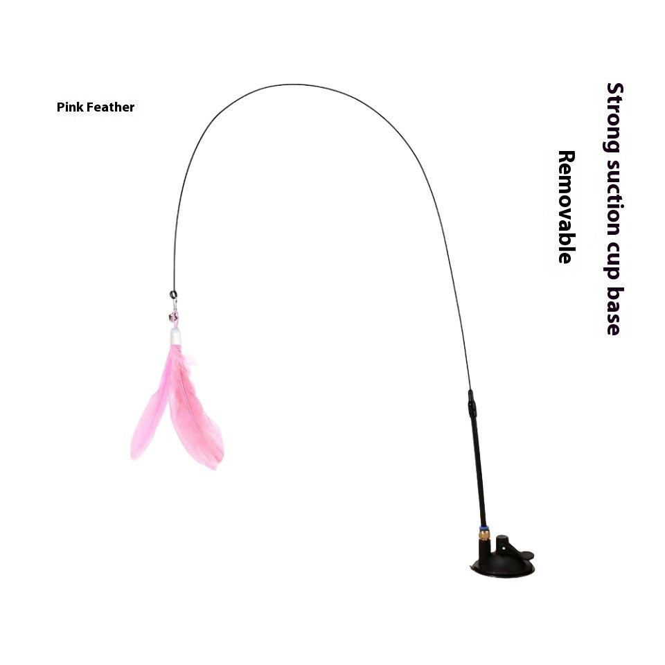 HKM-517971 Long Brush Holder Cat Teaser with Bell - Suction Cup & Handheld Options, Bite-Resistant Feathers in Various Colors
