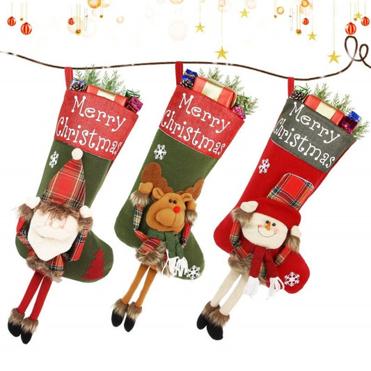 HKM-518099 Set of 3 Large Plush Christmas Stockings for Holiday Decoration - Santa, Snowman, and Reindeer Designs