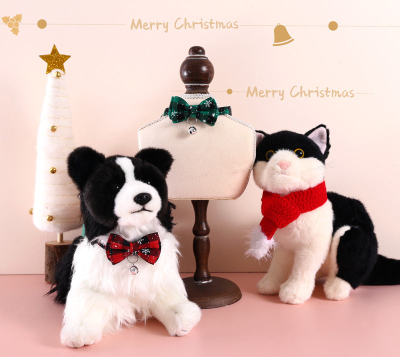 HKM-518355 Adjustable Double-Layer Bow Snowflake Plaid Pet Collar with Bell for Dogs and Cats