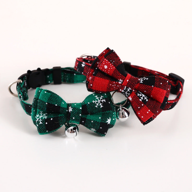 HKM-518355 Adjustable Double-Layer Bow Snowflake Plaid Pet Collar with Bell for Dogs and Cats