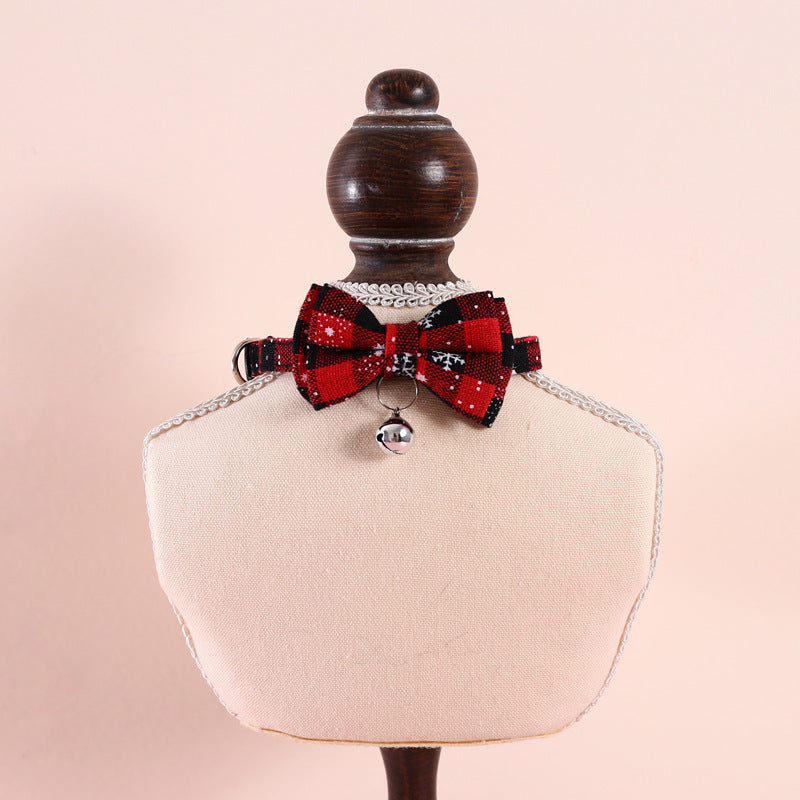 HKM-518355 Adjustable Double-Layer Bow Snowflake Plaid Pet Collar with Bell for Dogs and Cats