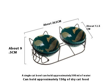 HKM-518355 Ceramic Double Cat Bowl Set with Protective Tilted Stand and Golden Cat Ears