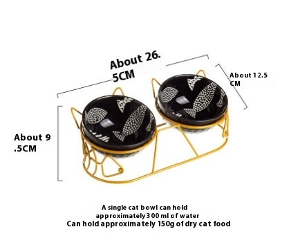 HKM-518355 Ceramic Double Cat Bowl Set with Protective Tilted Stand and Golden Cat Ears