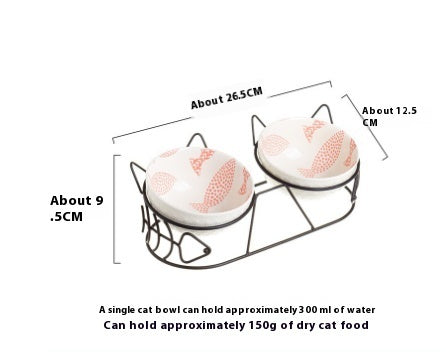 HKM-518355 Ceramic Double Cat Bowl Set with Protective Tilted Stand and Golden Cat Ears