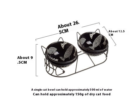 HKM-518355 Ceramic Double Cat Bowl Set with Protective Tilted Stand and Golden Cat Ears