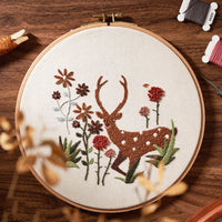 HKM-518483 Hand Embroidery Kit with Elk Flower Design, Linen Fabric, Water-Soluble Printing
