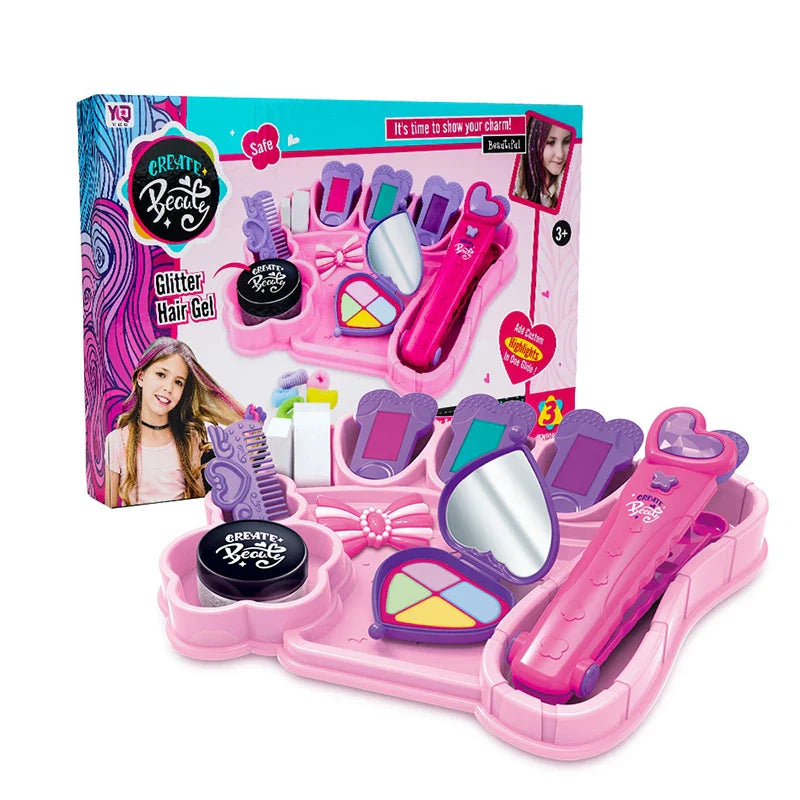 KTX-518739 18PCS Washable Pretend Play Makeup Set for Kids with Hair Dye and Beauty Accessories