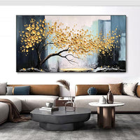 HKM-519571 Handmade Abstract Golden Tree Oil Painting on Canvas - Modern Landscape Wall Art for Living Room Decor