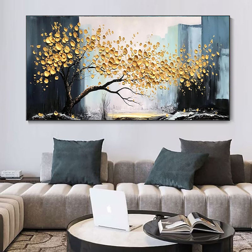 HKM-519571 Handmade Abstract Golden Tree Oil Painting on Canvas - Modern Landscape Wall Art for Living Room Decor