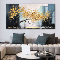 HKM-519571 Handmade Abstract Golden Tree Oil Painting on Canvas - Modern Landscape Wall Art for Living Room Decor