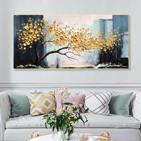 HKM-519571 Handmade Abstract Golden Tree Oil Painting on Canvas - Modern Landscape Wall Art for Living Room Decor