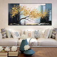 HKM-519571 Handmade Abstract Golden Tree Oil Painting on Canvas - Modern Landscape Wall Art for Living Room Decor